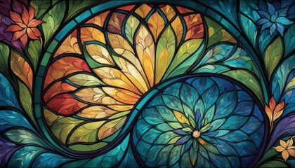 A stunning digital art piece that emulates stained glass, featuring intricate floral patterns with a rich tapestry of colors and light.. AI Generation