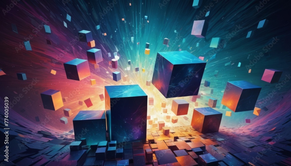 Poster 3d cubes propelled through a cosmic environment, with a sense of dynamic movement and abstract spati