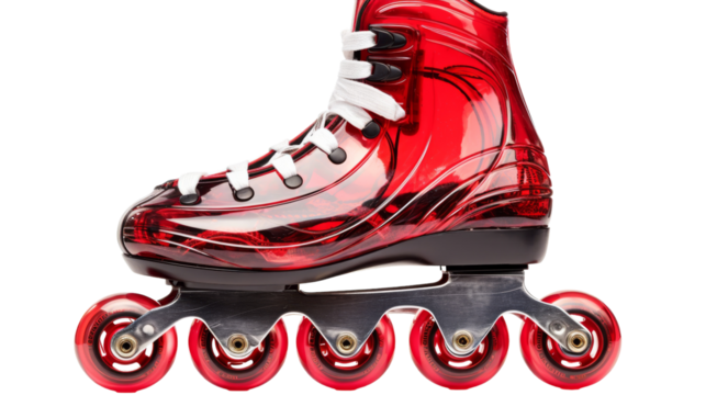 A crimson pair of roller skates intertwined in a graceful pose
