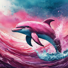 핑크바다에서 헤엄치는 핑크 돌고래 - obrazy, fototapety, plakaty