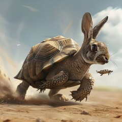 Hasty hare racing tortoise tempo, bright colors, clean background, Realistic HD characters, tortoise steadily moving