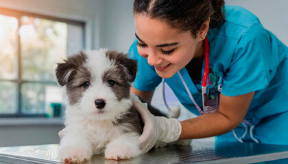 veterinaria con cachorro - obrazy, fototapety, plakaty
