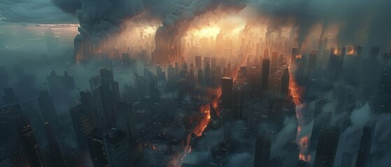 A dystopian cityscape with ominous, dark clouds looming overhead