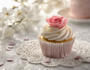 A romantic cupcake with pink velvet cake, heart-shaped sprinkles, and a delicate rose petal on top, placed on a lace doily for a touch of romance - obrazy, fototapety, plakaty
