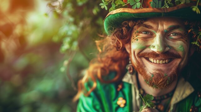 A smiling person dressed as a leprechaun with green hat, surrounded by foliage