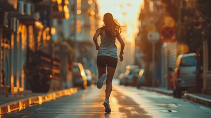 Young Woman Jogging in Street for Sports and Healthy Lifestyle Concept. Girl walking on the street - obrazy, fototapety, plakaty