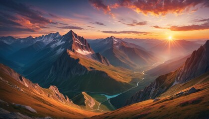 A breathtaking sunset illuminating the sharp peaks of a majestic mountain range with a winding river below.. AI Generation - obrazy, fototapety, plakaty