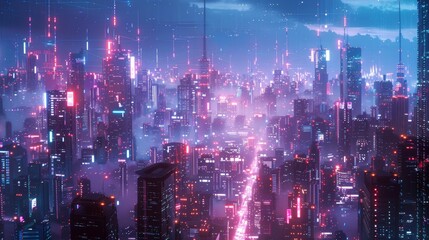 Obraz premium A digital cityscape with global landmarks and modern architecture