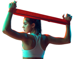 Portrait of sportive woman workout, doing exercises with sports equipment isolated on transparent...