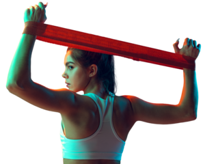 Portrait of sportive woman workout, doing exercises with sports equipment isolated on transparent background in neon light. Sport, gym, action, motion, beauty concept. Fitness, hobby, health
