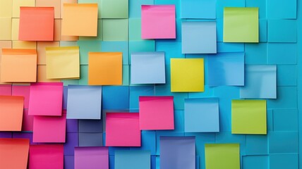 Colorful sticky notes on a blue board, with varied hues ranging from orange to pink and green - obrazy, fototapety, plakaty