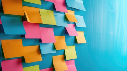 Colorful sticky notes on a bright blue background arranged in no specific pattern