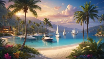 A breath-taking tropical cove at golden hour, with luxurious yachts anchored near the sandy shores,...