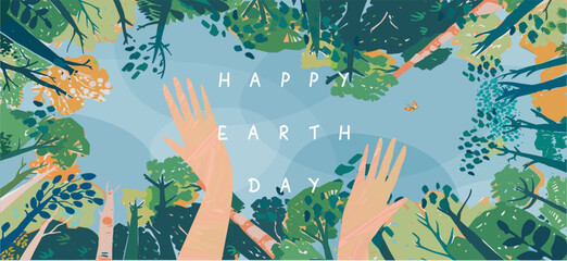 Happy earth day. Environment protection. Save the earth. Vector illustration on the theme of ecology, climate change and global warming. Drawing of hands on a background of sky and trees for a poster  - obrazy, fototapety, plakaty