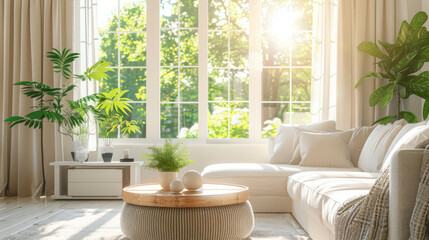 Sunlit Modern Living Room with Green Plants and Cozy Decor