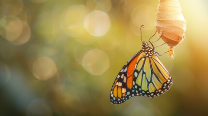 Monarch Butterfly Emergence with Sunlit Bokeh Background