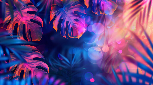 Colorful neon background with tropical leaves of palm, monstera in violet, orange, purple colors