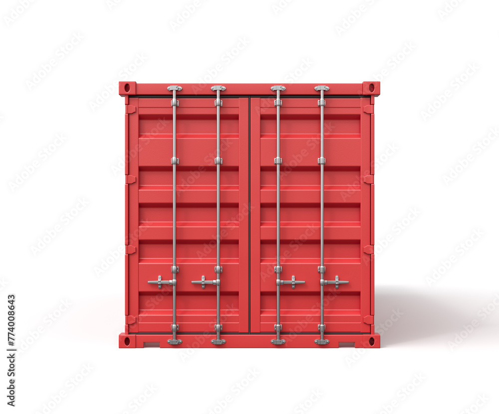 Poster 3d rendering of closed red cargo container isolated on white background.