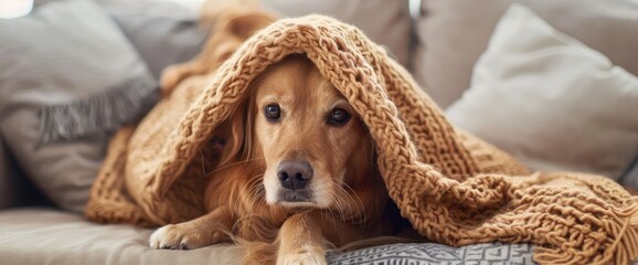 Adorable dog covered with blanket on sofa at home