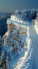 Snowy Cliffside Highway Perspective, road adventure, path to discovery, holliday trip, Aerial view