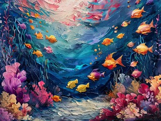 Fototapeta na wymiar Surrealistic ocean painting, marine fish in a dreamlike realm, imaginary aquatic scene, vivid and enchanting