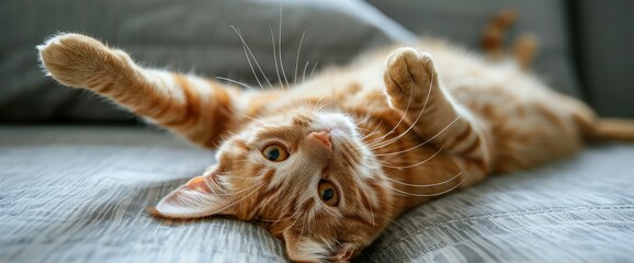 A cute ginger cat lies on its back on a sofa or bed and stretches. With yellow eyes. Picture