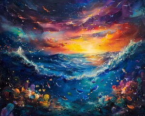 Obraz na płótnie Canvas Fantastical painting of an ocean, surrealistic with dreamlike marine fish, imaginary and vibrant underwater scene