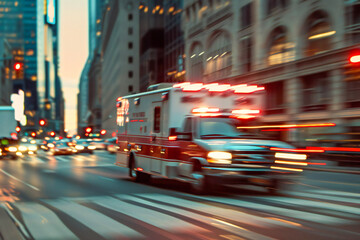 Fototapeta na wymiar A fast traffic of a medical ambulance vehicle at speed in the city, blurry car and city background 