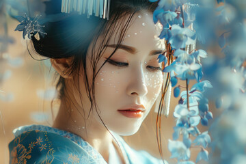 Fotografía de fantasía con un retrato realista de una geisha en kimono azul - obrazy, fototapety, plakaty