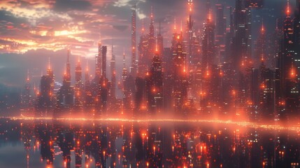 A surreal cityscape where buildings are made of light and data flows like water