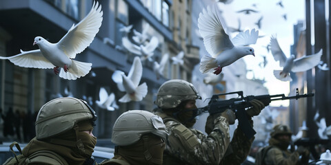 pigeonы of peace over the soldiers. A symbol of peace. Pacifism versus Militarism