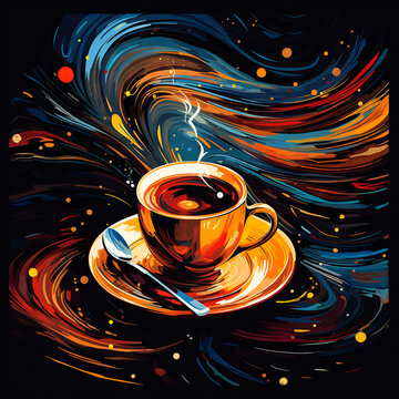 Smoky coffee cup with saucer and spoon in bright colors Pop art style