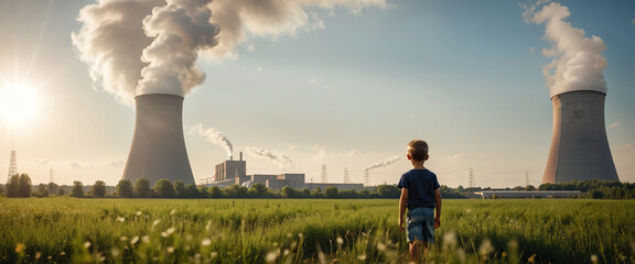 Child watches smoke coming out of the chimney and cooling tower of a power plant - ai generated Image