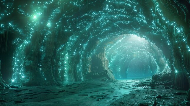 A system of underwater caves with glowing algae that illuminate the depths