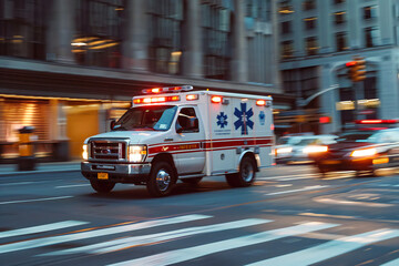 A fast traffic of a medical ambulance vehicle at speed in the city, blurry car and city background 