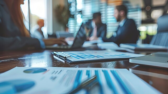 Group of businesspeople working together in office with laptops and coffeea, conference table with businessmen and women ,no faces and blurred background. - Powered by Adobe