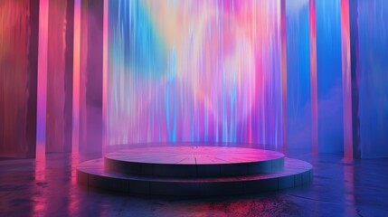 Abctract scene holo shape.3d hologram podium on holographic background. Fluid minimal cylinder platform for product presentation. 