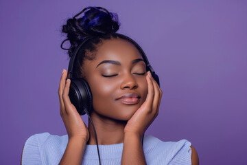 A joyful dark-skinned girl listening to music on her phone with eyes closed against a purple background