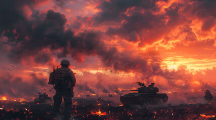 Soldier Walking Through Battlefield with Tanks Under Dramatic Sky at Sunset