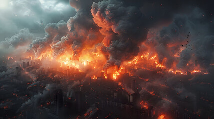 Fototapeta na wymiar Apocalyptic Urban Inferno with Explosions and City in Flames War Atmosphere