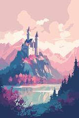 Enchanting Cartoon Castle Vector Illustration. Fantasy stories to life, castle design. Vector artwork majestic medieval castle perched atop a mountain, overlooking a sparkling lake