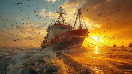 Pescadores bajando redes para atrapar peces en el océano y llevan todo tipo de peces al barco en alta mar






