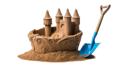 A sand castle stands tall, with a shovel nestled inside, telling a story of playful creativity