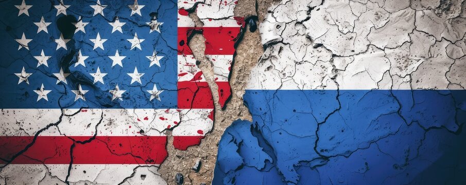 Cracked paint of USA and Russia flags