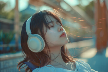 A tranquil scene of an Asian girl in casual attire, lost in music, with headphones on and a peaceful smile on her face.