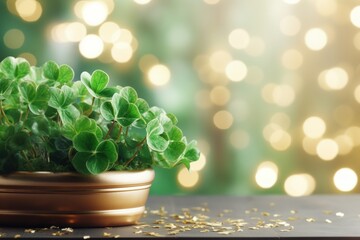 Close-up of lucky clover leaf against blurred bokeh background with copy space for st. Patricks day - obrazy, fototapety, plakaty