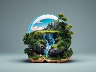 a glass ball with a waterfall and trees nature background generative ai