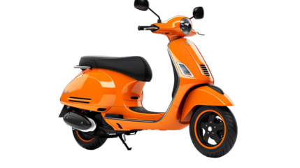 A vibrant orange scooter stands out against a bright white backdrop