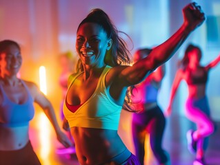 A fitness instructor leading a high-energy Zumba class in a brightly lit studio