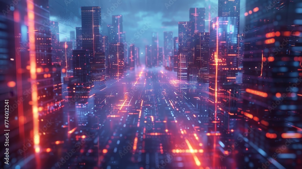 Poster an abstract cityscape with pulsating tech structures